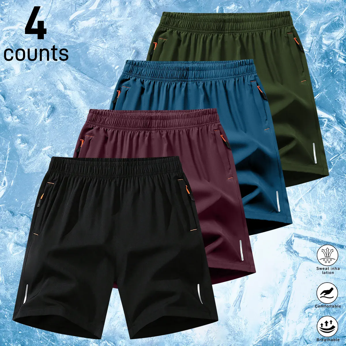 4-pack men’s summer sports casual shorts with elastic waistband and zippered pockets; solid-color summer sports shorts; men’s shorts suitable for outdoor workouts, exercise, and everyday outings.