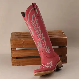 【Rodeo Boots】Pasuvo Women's Knee-High Western Cowboy Boots – Embroidered Cowgirl Boots with Pointed Toe, Chunky Heel, Pull-On & Side Zipper, Retro Vintage Style for Festivals, Parties & Everyday Fashion