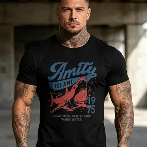 Men's Original COD Jaws Amity Island 1975 Loose Round Neck Unisex Oversized T-Shirt - Lightweight, Breathable, Comfortable Cotton Fabric Menswear Tee, Movie-Inspired Gift for Film Buffs