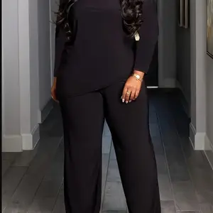 Plus size 2 piece causal set Plus Size Casual Solid Color Pants Set, Asymmetrical Hem Long Sleeve Top & Pants Outfits. Cotton