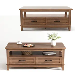 Garvee Farmhouse Coffee Table with Drawers, 47.2-inch Rustic Walnut Center Table Featuring Open Shelf and 6 Support Legs for Durable and Stylish Living Room Furniture