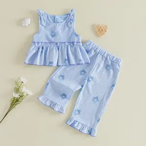 Imcute Kids Toddler Baby Girl Summer 2Pcs Outfits Set Sleeveless Bow Shoulder Tank Tops 3D Flower Embroidery Pants Baby Girls Clothes Set 1-5 Years