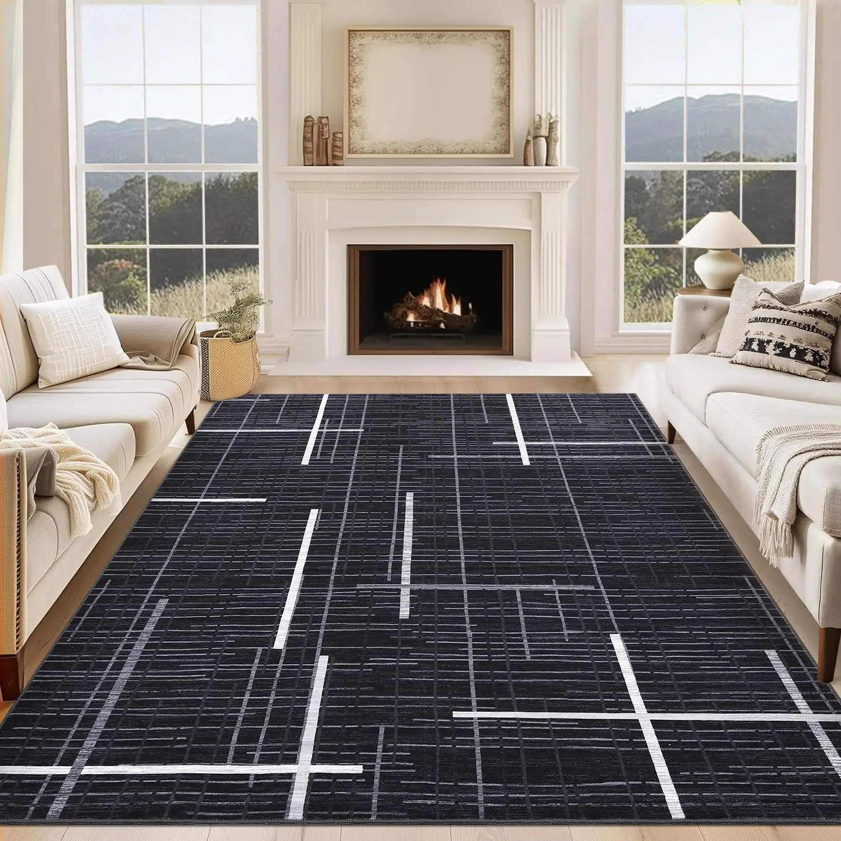 GARVEE Large 10x13 Living Room Rug - Modern Abstract Geometric Design, Washable, Non-Slip, Stain Resistant, Soft Low Pile Floor Cover, Foldable Area Rug for Bedroom, Dining, Nursery, Black