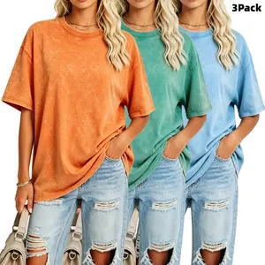 3-pack of acid-washed loose-fitting pure cotton T-shirts, round neck, short-sleeved summer tops, casual and loose fit, solid color, comfortable street style T-shirts, basic men's and women's short-sleeved T-shirts.