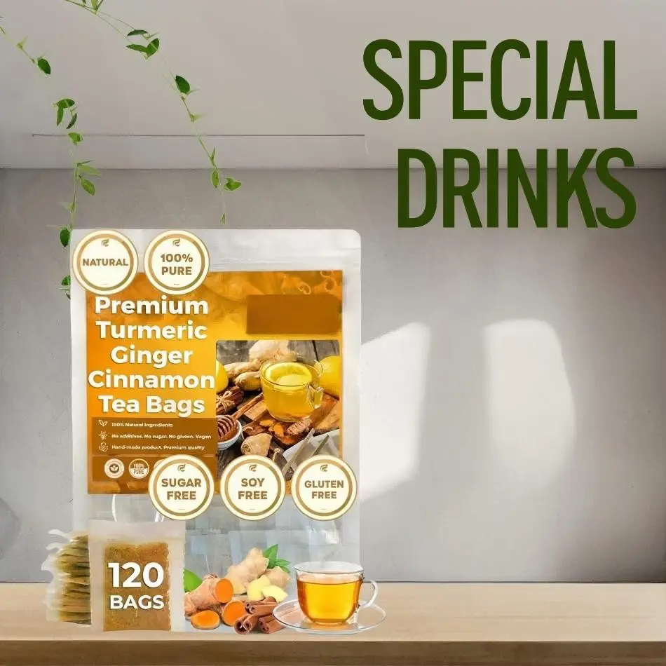 120 Bags Turmeric Ginger Cinnamon Herbal Tea, Anti-Inflammatory 100% Natural Handcrafted Blend, Nature-Focused, Vegan, Suitable for All Dietary Preferences, Free of Caffeine, Gluten and Sugar
