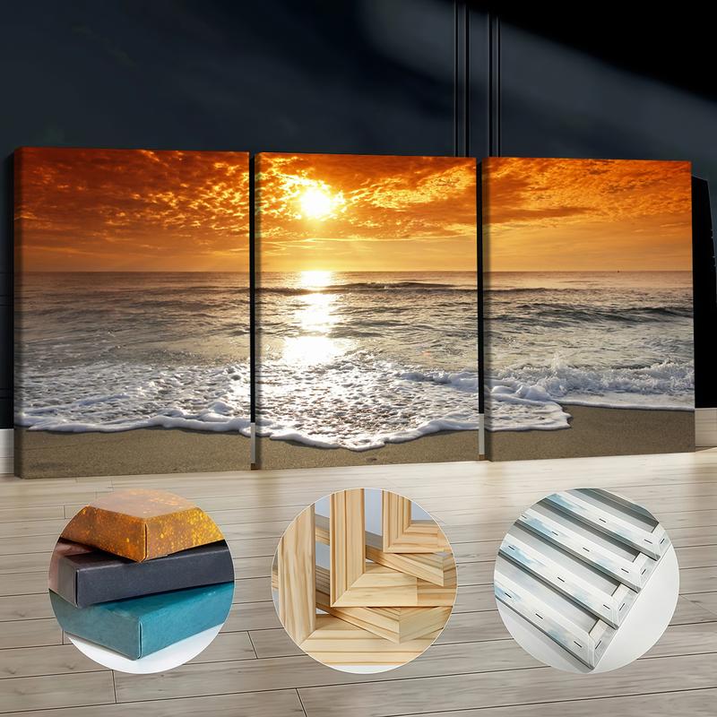 3Pcs Wooden Framed Canvas Painting, Ocean Sunset Beach Waves Scene, Exquisite Poster, Home Decoration, Pattern Wall Art Decor, For Living Room, Bedroom, Office, Restaurant, Bar Wall Decor, Odorless, Painting, Print Artwork.
