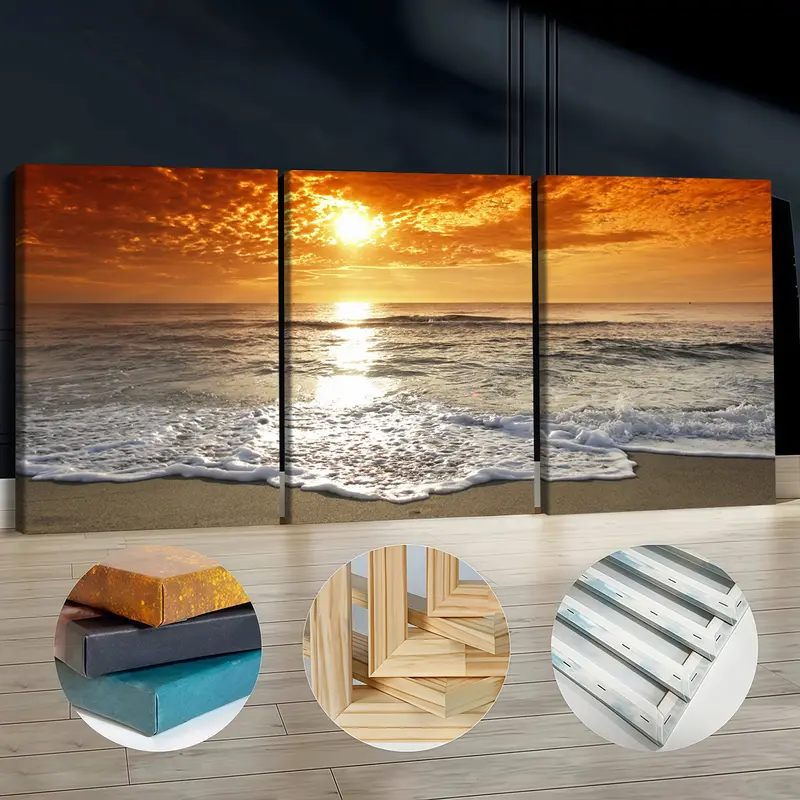 3Pcs Wooden Framed Canvas Painting, Ocean Sunset Beach Waves Scene, Exquisite Poster, Home Decoration, Pattern Wall Art Decor, For Living Room, Bedroom, Office, Restaurant, Bar Wall Decor, Odorless, Painting, Print Artwork.