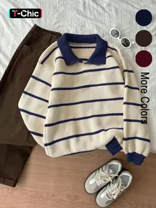 Women's Casual Striped Colorblock Collared Knit Pullover Sweater, Fitted Style, Moderate Fabric Thickness, Soft, Spring & Fall Fashion, Knitwear