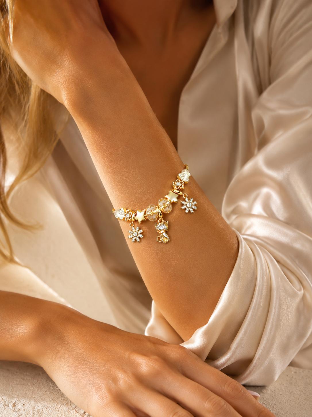 Golden Tone Cat Charm Bracelet, Adjustable Snake Chain Bracelet with Crystal Flower Star Beads, Fashion Jewelry Gift for Women Girls Golden Tone Cat Charm Bracelet, Adjustable Snake Chain Bracelet with Crystal Flower Star Beads, Fashion Jewelry Gift for Women Girls
