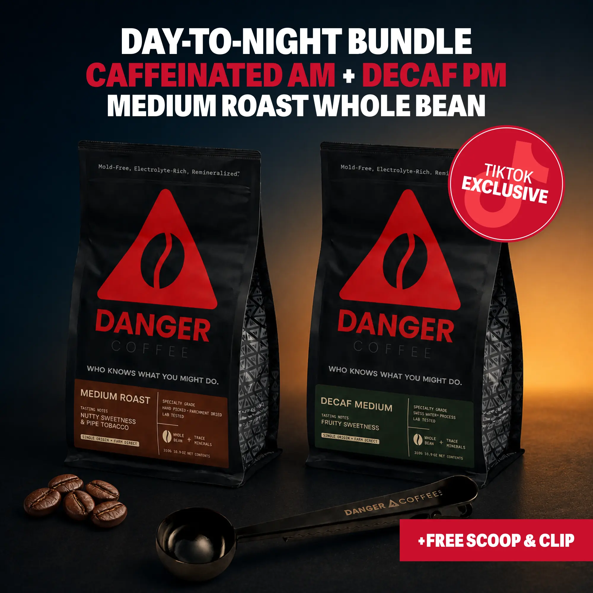 Day-to-Night Bundle - 1x Medium Whole Bean, 1x Decaf Whole bean+ Free Scoop with Clip