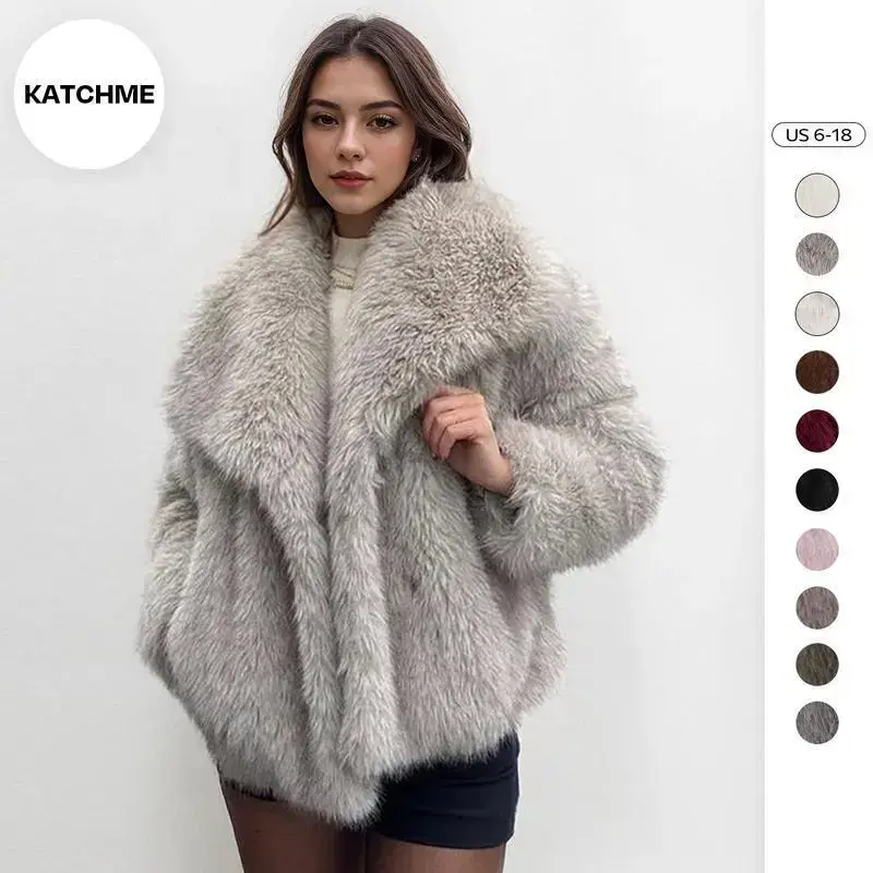 Women's Luxurious Oversize Solid Color Wide Lapel Snap Closure Fuzzy Thermal Outerwear, Fall & Winter Long Sleeve Outerwear, Faux Fur Outfit??gift?? Womenswear Casual Women's Luxurious Oversize Solid Color Wide Lapel Snap Closure Fuzzy Thermal Outerwear, Fall & Winter Long Sleeve Outerwear, Faux Fur Outfit??gift?? Womenswear Casual