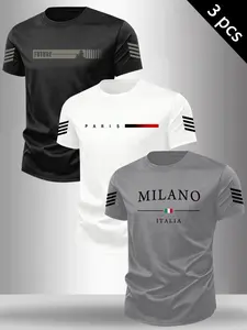 Men's Summer Set 3-Piece Letter Print T-Shirt, Round Neck Short Sleeve Casual Comfort Top, Outdoor Sports and Leisure Wear