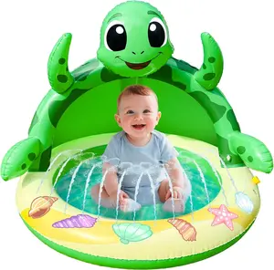 Baby Pool Toddler Sprinkler Water Play Mat, Turtle Baby Pool Float Sprinkler for Kids- Inflatable Kiddie Pool with Canopy Outdoor Water Toys for Summer Play Center Backyard Water Activity Games