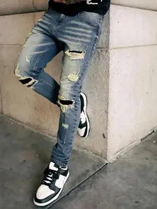 Four Seasons Men's Blue Stone Washed Distressed Patch Elastic Slim Fit Jeans, Street Style with Strong Personality, Versatile Jeans