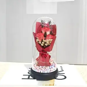 Lighted Acrylic Dome Eternal Flower Bouquet - Preserved Soap Roses, Carnations, Tulips, 3 Pink Flowers, Decor Ornaments, Room Decor, Valentine Floral, Mother’s Day Gift for Mom,summervibes（The product does not have a battery）