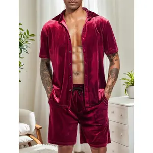 Summer Casual 2-Piece Velvet Short Sleeve Button-Down Shirt and Elastic Waist Shorts Outfit, Lightweight Hiking Cargo T-Shirt with Graphic, Funny Letter Print for Men Women Unisex