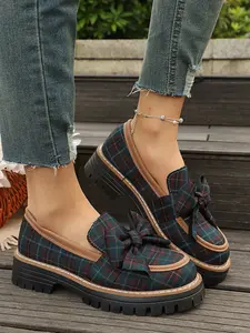 British Checkered Bow Thick Sole Loafers for Women, College Style Platform Shoes, Small Leather Shoes, Fashionable and Comfortable