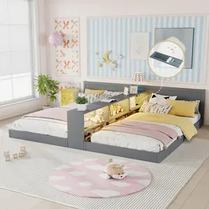 Double Twin Size Bed Frame with Storage,Twin Floor Bed with Light & Charging Station, Convertible 2 Twin Beds for 2 Kids,Gray