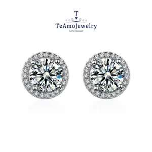 E-001 925 Sterling Silver Round Moissanite Earrings, simple and pretty 0.5–1 ct anniversary Christmas gift for a girlfriend