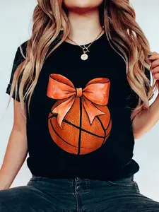 Coquette Basketball Bow Game Day Basketball Season Autumn women's shirts T-Shirt With Mastiff's Footprints Graphic, Floral Print, Round Neck, Short Sleeves, Stretch Fabric, Summer Top vintage graphic tees