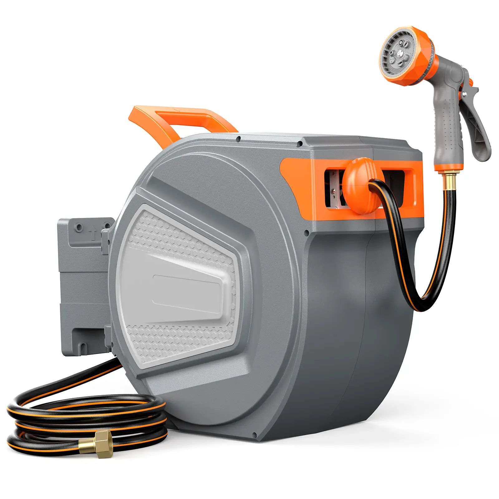 Sweetcrispy S - Retractable Garden Hose Reel, Water Hose with Nozzle | Automatic Heavy Duty Wall Mounted, 9 Pattern Hose Nozzle, Slow Rewind Any Length Lock, 180° Swivel for Garage Outside