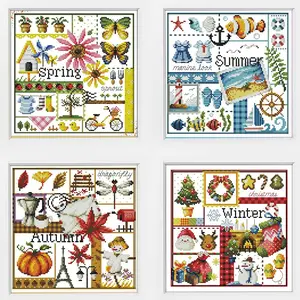 4 Pack Cross Stitch Kits, Four Seasons Easy Patterns Cross Stitching Embroidery Kit Supplies, Stamped or Counted (Four Seasons, Counted)