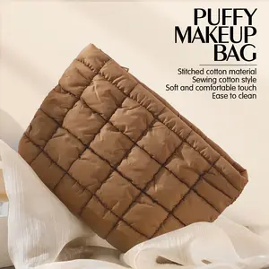 Puffy Quilted Makeup Bag Brown Polyester Cosmetic Pouch 25cm x 18cm x 7cm Travel Organizer for Brushes & Toiletries
