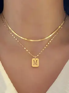 Women's Stainless Steel Layered Necklace Set, Multilayer Necklace, Elegant Rectangular Letter Pendant Design, All-Season Fashion Accessory
