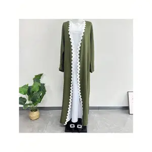 Men's Casual Turkish Kaftan Cardigan - Loose Fit, Green with White Trim, Long Sleeve Robe for Cultural Events & Casual Attire