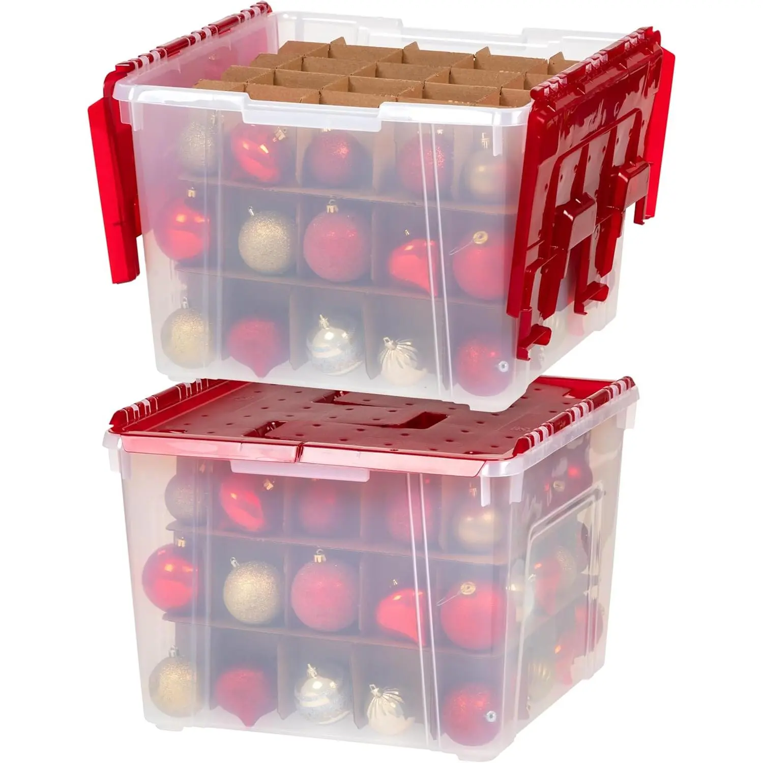 Plastic Christmas Ornament Organiser, USA-Made 2-Pack Stackable Smooth Storage Bins with Attached Lids, Holds 75 Ornaments Each, Durable Clear/Red Home Organization Container for Holiday Decor Accessories