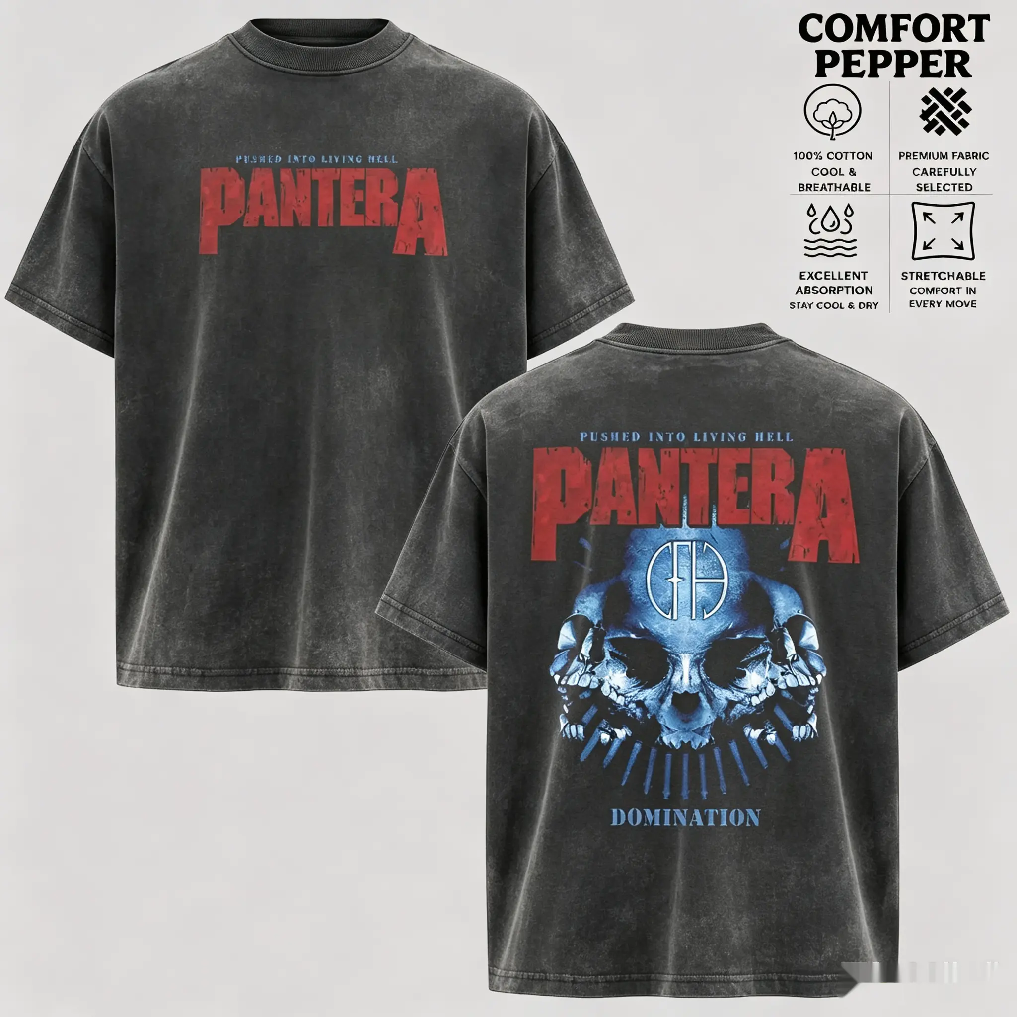 Men's Shortsleeve Top, Vintage Washed Cowboys From Hell Graphic, 90s Groove Metal Round Neck T-Shirt in Heavy Cotton, Casual, Menswear, Oversized