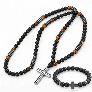 karma 1 Vintage Beaded Bracelet & 1 Vintage Beaded Cross Necklace, Charm Pendant Necklace, 2-Piece Set, Men's Accessories, Trendy All-Match & Exquisite Vintage Bohemian Jewelry Gift for Men