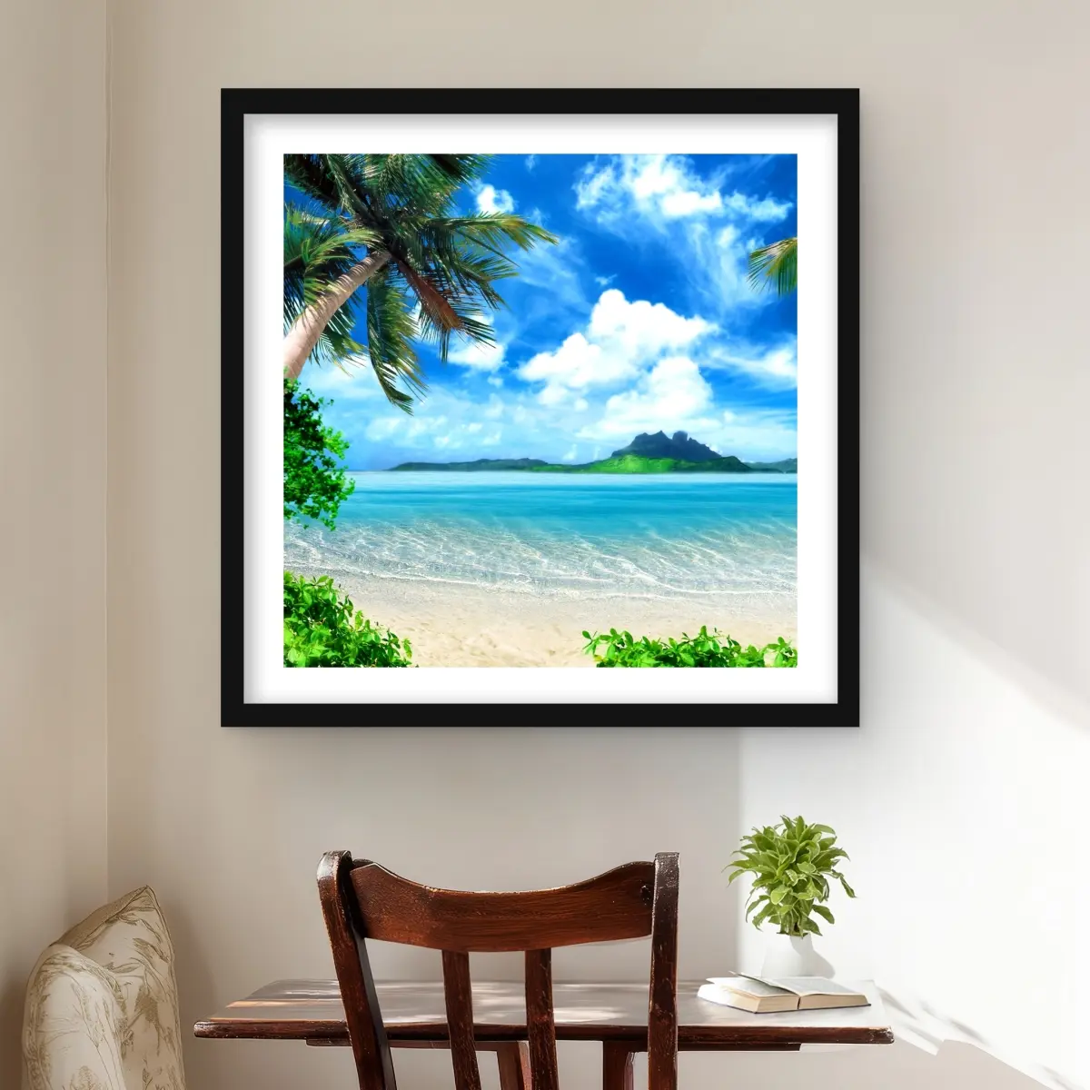 Begin Home Decor C1FM2424IKGRGQ 24 x 24 in. The Beach - White Framed Matted Print Wall Art - Home Decor Art