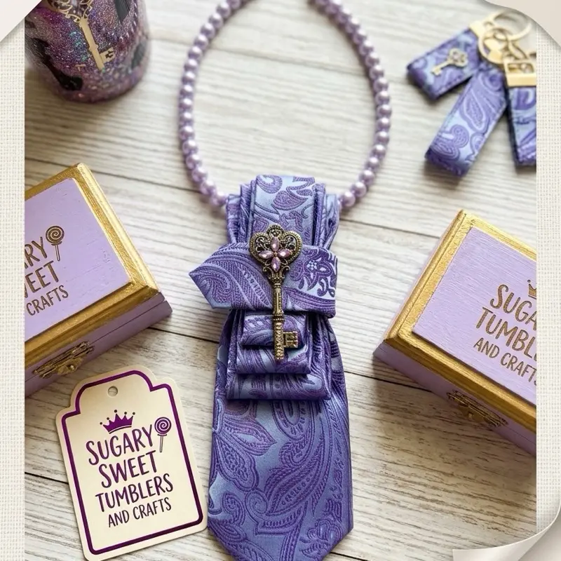 Lavender Paisley Tie Necklace with Vintage Key Brooch