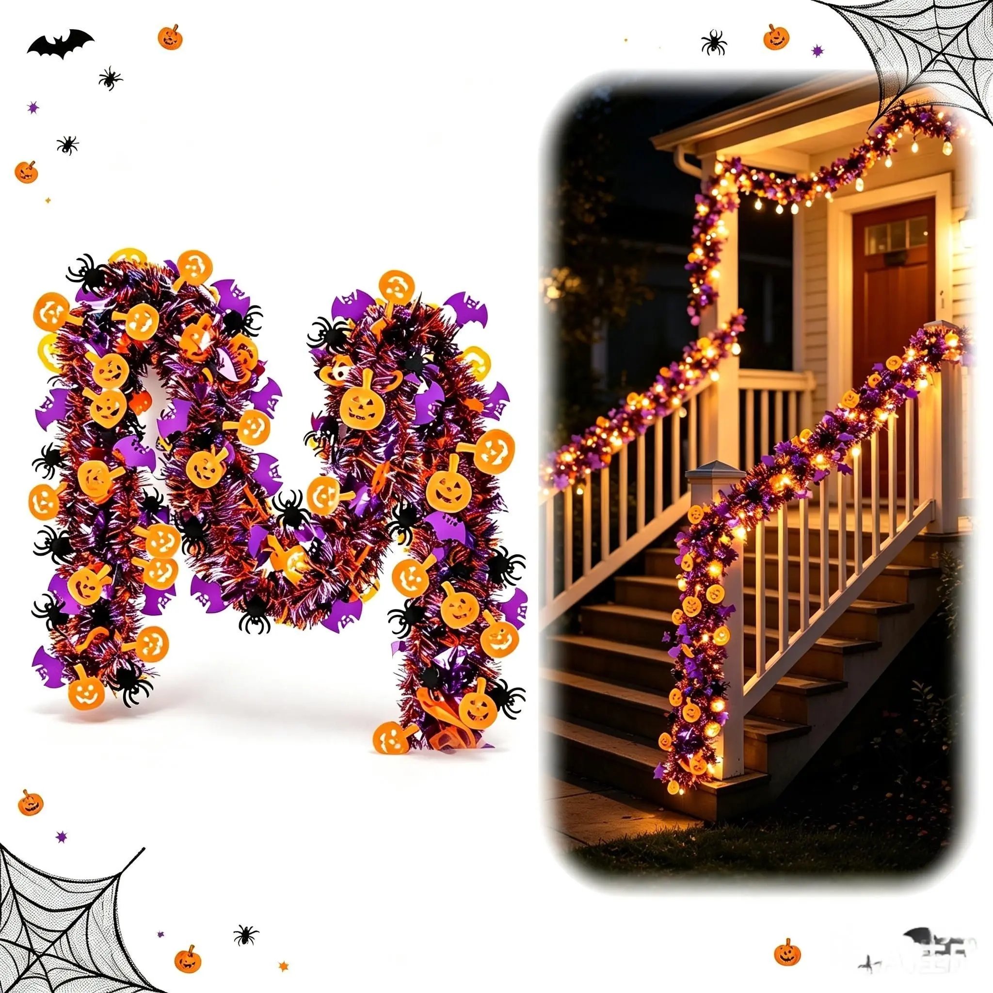 Halloween Tinsel Garland Decor 52FT Orange Purple Black Metallic Garland with Pumpkin Bat & Spider Cutouts Decorative Hanging Tinsel for Front Door Stair Railing Indoor Outdoor Halloween Party Decor