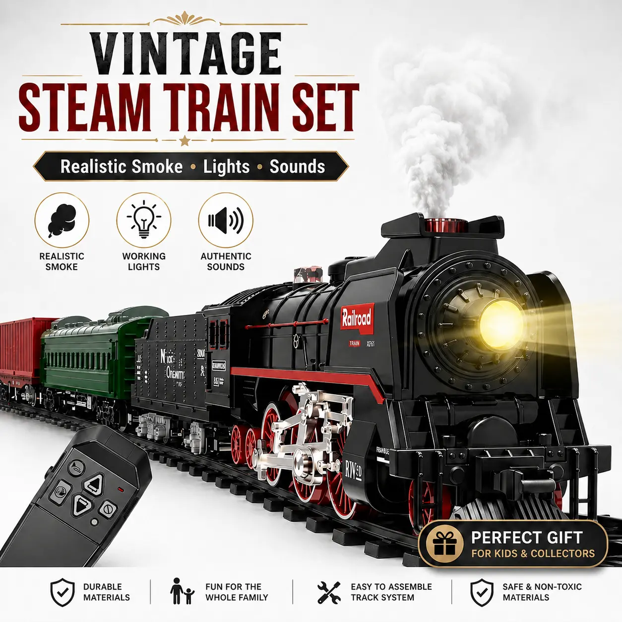Classic Remote Control Railway Train Set with Realistic Mist, Light Up Electric Toy Train with Sound & Whistle for Kids Gift