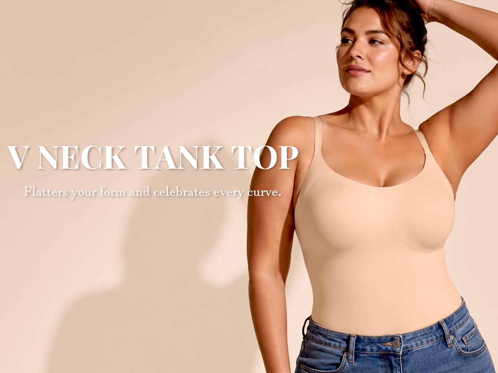 VRCOMFY   V-Neck  Seamless Camisoles Tank Tops with Built in Bra for Women Summer Workout Going Out Jelly Tank Top Camis