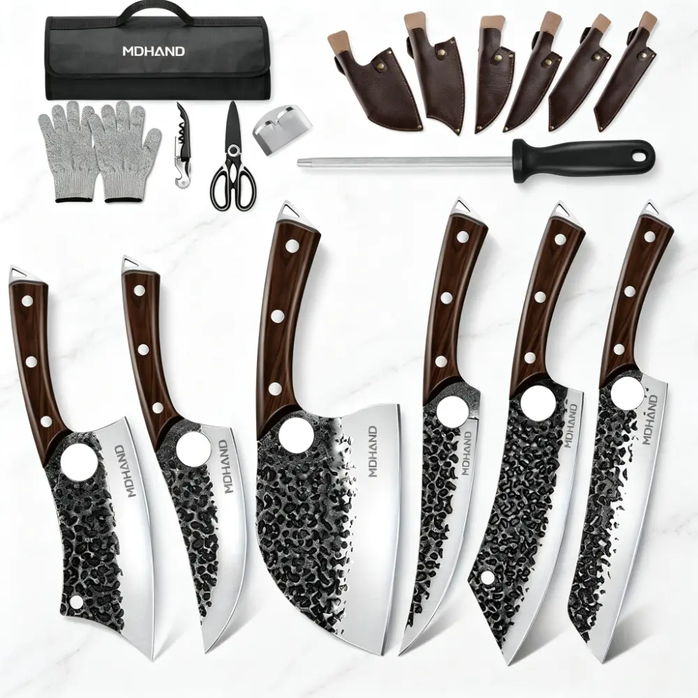 MDHAND Professional Chef Knife, Kitchen Knife Set, Butcher Knife, Hand Forged Serbian Chef Knife Set with Bag, High Carbon Steel Full Tang Kitchen Knives Set, Meat Cleaver & Boning Knife for Brisket Trimming BBQ Camping, Best Gift
