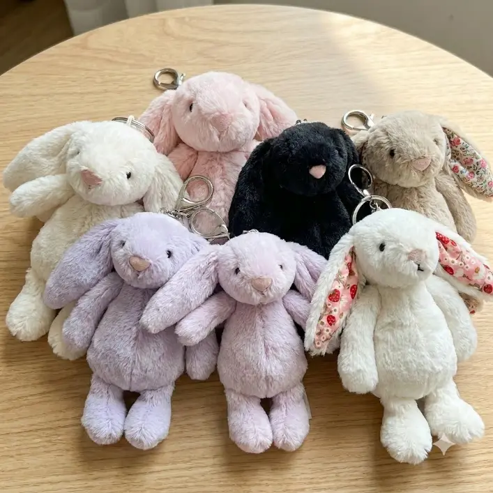 Cute Plush Bunny Keychain Bag Charm – Soft Stuffed Long-Eared Bunny Pendant Keyring (Floral Ear, Pink, White, Lavender, Black, Beige)