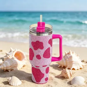 40oz Cow Pattern Bling Rhinestone Tumbler with Handle - Bling Stainless Steel Water Bottle for IceCoffee, CarAccessories & GymEssentials | Sparkly Diamond Studded Travel Mug for Women, Perfect Birthday Gifts