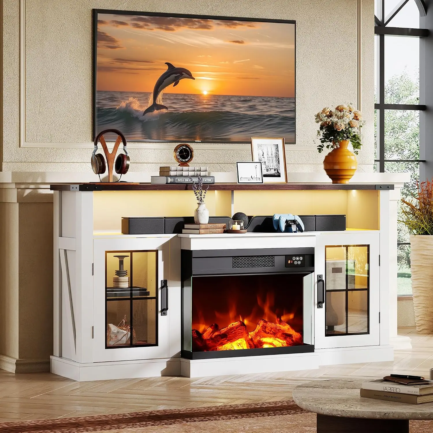 【2 Packages Shipped】WLIVE 3-Sided Glass Electric Fireplace TV Stand for 65 Inch TV, Entertainment Center with 14 Flame Colors & Adjustable LED Storage Cabinets, Farmhouse Media Console for Living Room, Bedroom