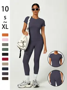 Women's Sporty Fitted Yoga Tracksuit Set, Workout Running Clothes, Casual Workout Loungewear, Soft Breathable Short Sleeve Top & Elastic Pants, Ideal for Fitness Running Outdoor Activities