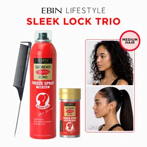EBIN Wonder Ponytail Bond Sleek Lock Trio (Medium Hair: 3A - 3C Type) – Freeze Finishing Spray + Freeze Wax Stick + FREE Styling Brush | Strong Hold, Sleek Finish, Fine Hair, Long-Lasting Control