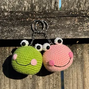 Couple Frog Crochet Keychain - Green and Pink Crocheted Keychains with Smiling Faces and Big Eyes