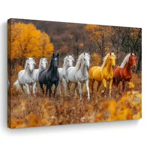 Seven Galloping Horses, Autumn Forest Scenery - An ideal Christmas gift for horse lovers - High-definition canvas decorative painting 11.8* 15.7inch  with wooden frame -- Modern home decoration, can be directly hung in the living room or bedroom