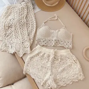 Patterned Woolen Knitted Women Beach Bikini Three Piece Set, Freesize Crochet Swimsuit Bra Short and Beach Cardigan Set, Fashionable Crop Top High Cut Cheeky Summer Beach Bathing Suit