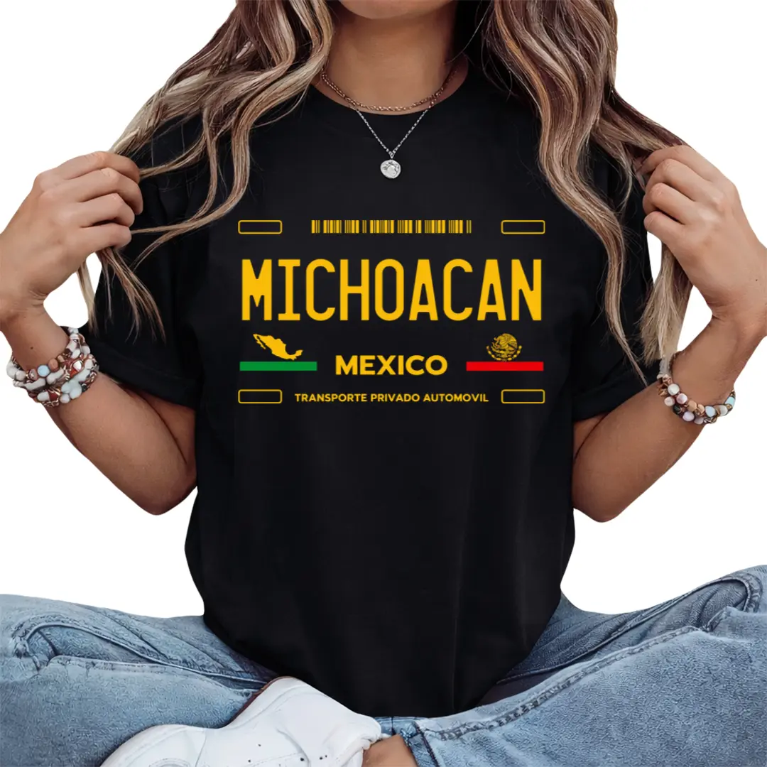 100% Cotton Casual T-Shirt Michoacan Mexico License Plate Aesthetic T-Shirt - 100% Cotton, Soft & Comfortable, Short Sleeve, Round Neck, Ideal For Casual Attire, Machine Washable Graphic Menswear Golf Gift T-Shirt For Men And Women Fabric Fit