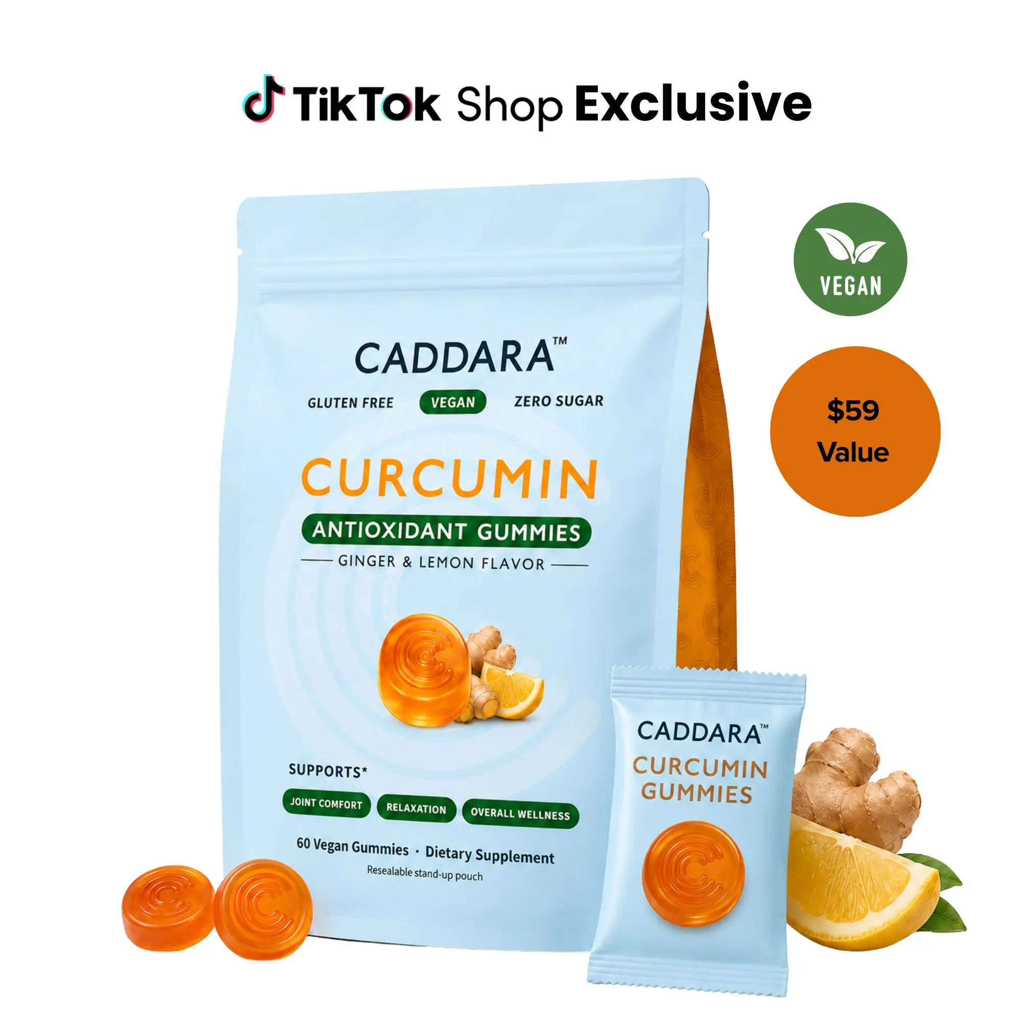 CADDARA Water-Soluble Curcumin Antioxidant Gummies - Ginger & Lemon Flavor, Joint Comfort & Relaxation Support, Vegan, Gluten Free, Zero Sugar, 60 Count (30 Day Supply)