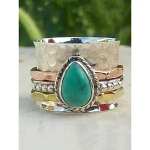 Women's Turquoise Water Drop Feature Decor Alloy Ring, 2024 New Style Layered Design Ring for Women Men, Boho Style Textured Metal Ring As Anniversary Gift, Statement Rings