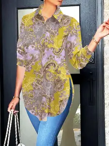 Women's All Over Print Split Hem Shirt, Casual Long Sleeve Collared Top for Spring, Ladies Clothes for Daily Wear, Casual Blouses